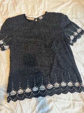 Laurence Kazar Silk Black Beaded Short-Sleeve Embellished Blouse Top